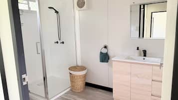 Hair dryer, towels, soap, shampoo