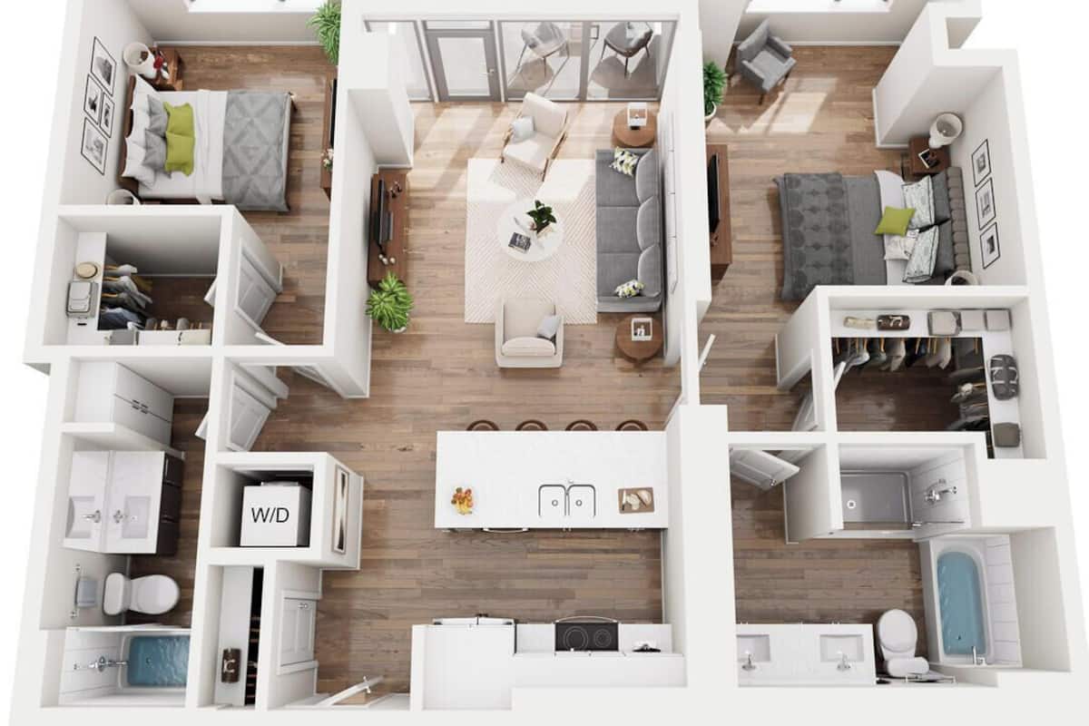 Distribución moderna de un apartamento con sala de estar, cocina, dos dormitorios y un baño.