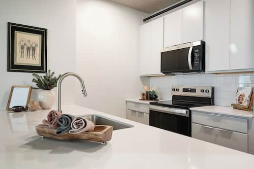 Full-size fridge, microwave, oven, stovetop
