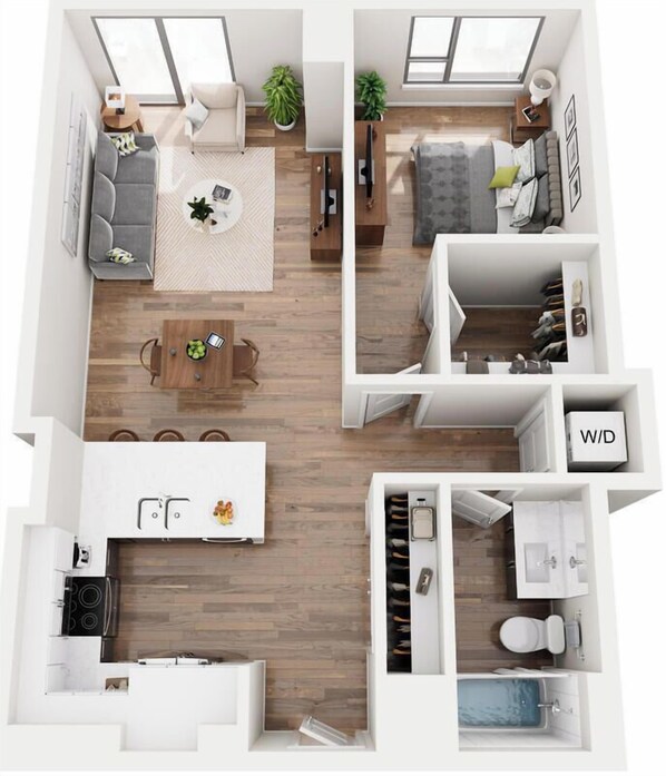 A modern apartment layout with a living room, dining area, kitchen, and a bathroom. - The Lakeview Guesthouse (Duluth)