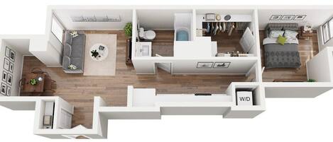 Een plattegrond van een modern appartement met een woonkamer, keuken, eetgedeelte en een slaapkamer.