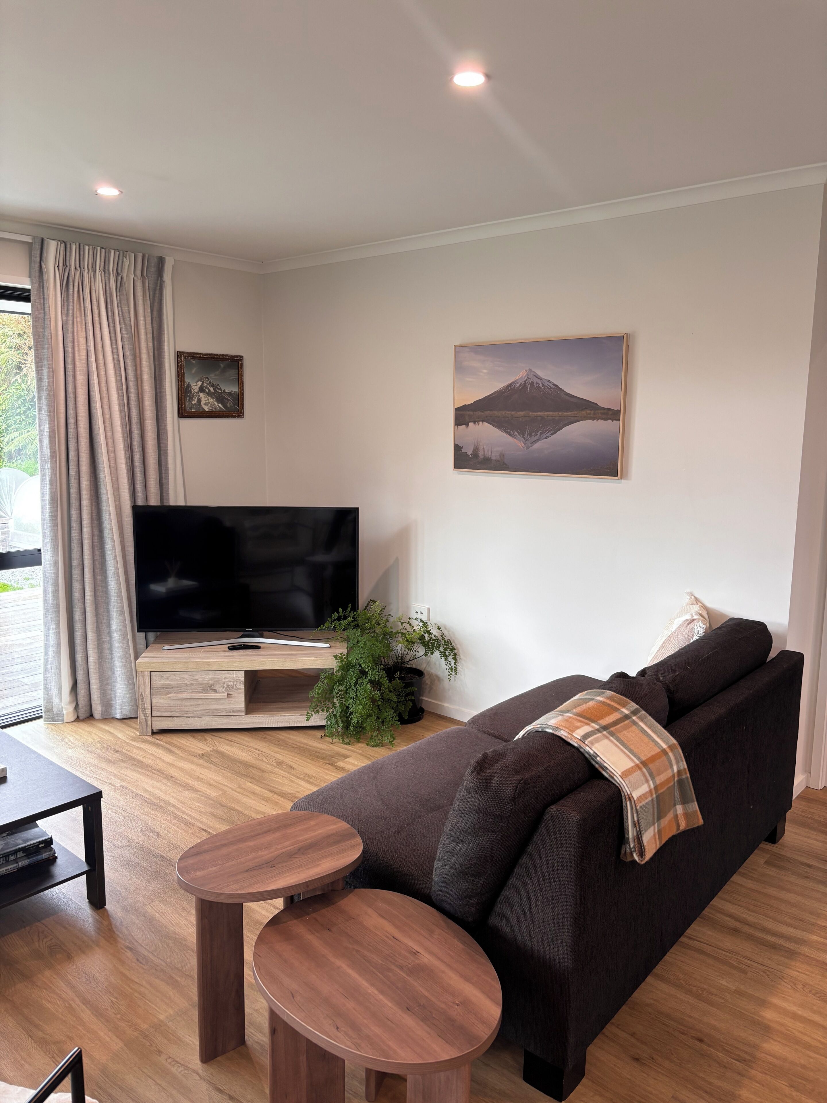 Ein modernes Wohnzimmer mit einem Flachbildfernseher, einem dunklen Sofa, einem kleinen Holztisch und einer Topfpflanze.