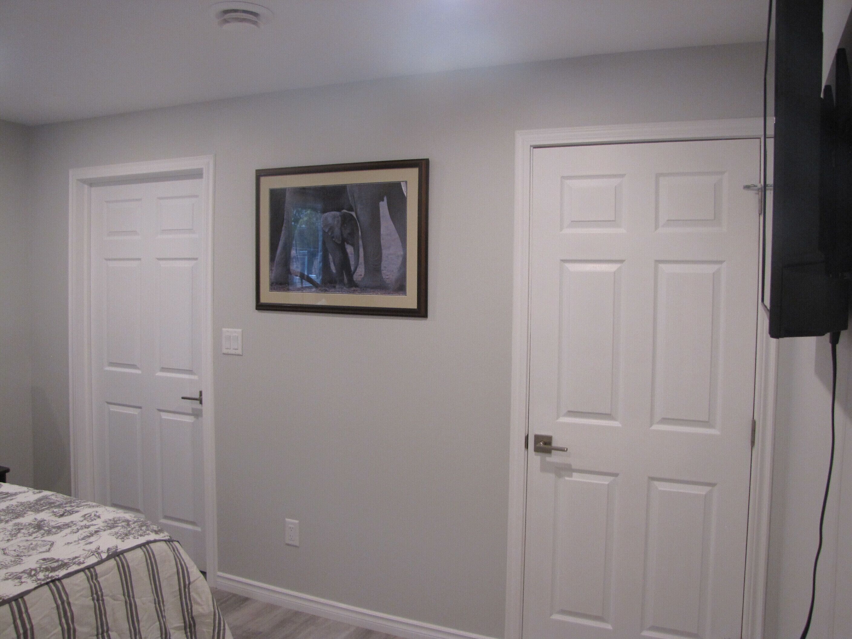 Une pièce avec deux portes blanches, un tableau encadré au mur et un lit recouvert d’une couvre-lit à motifs.