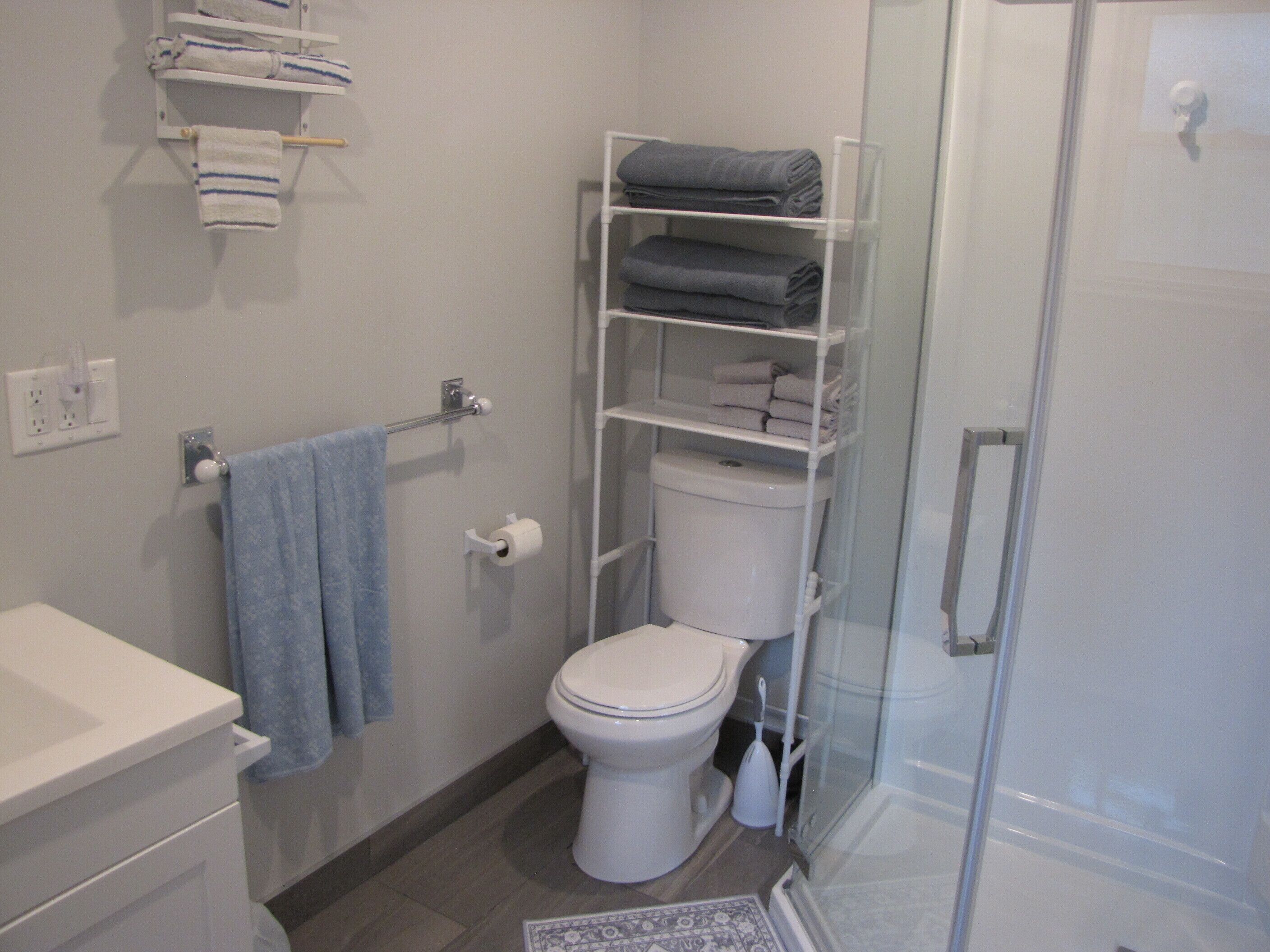 A bathroom with a toilet, a glass shower enclosure, and a towel rack with folded towels.
