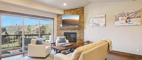Smart TV, fireplace, foosball