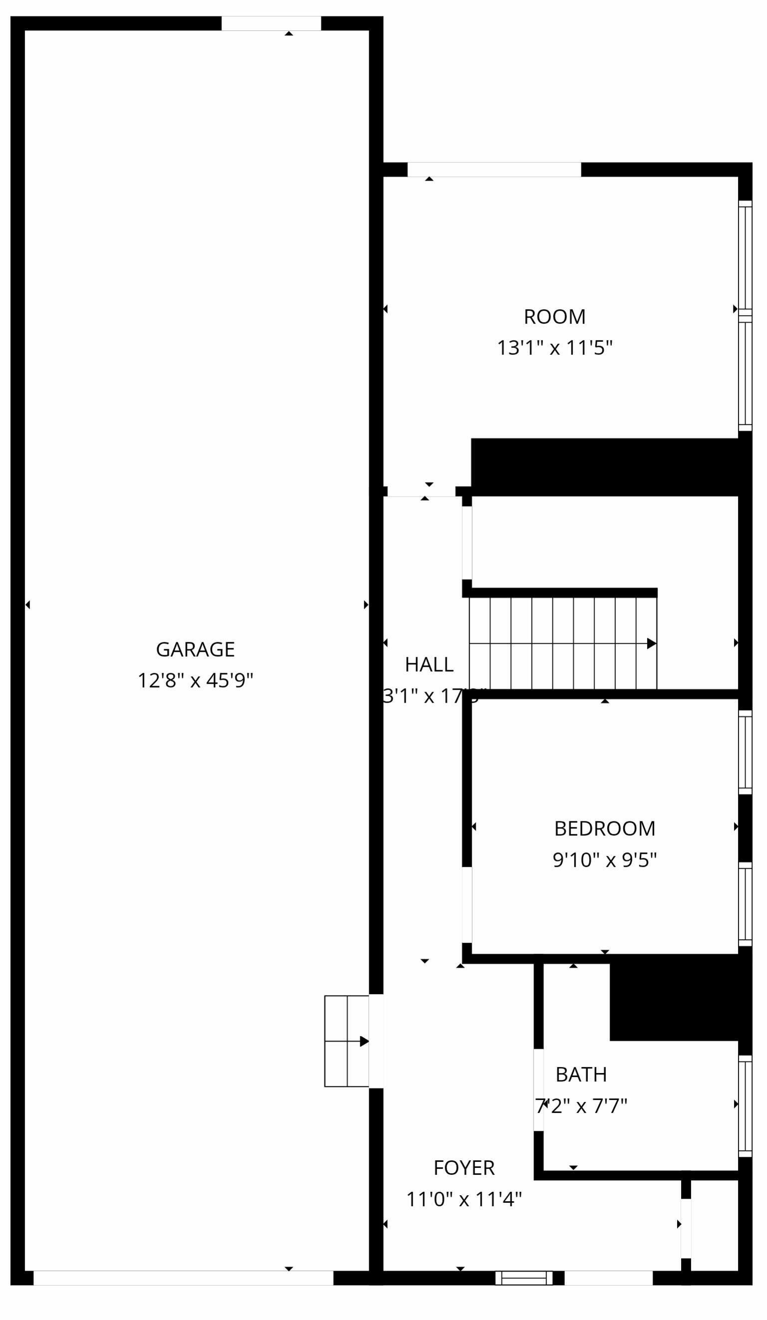 A floor plan with a garage, room, hall, bedroom, bath, and foyer.
