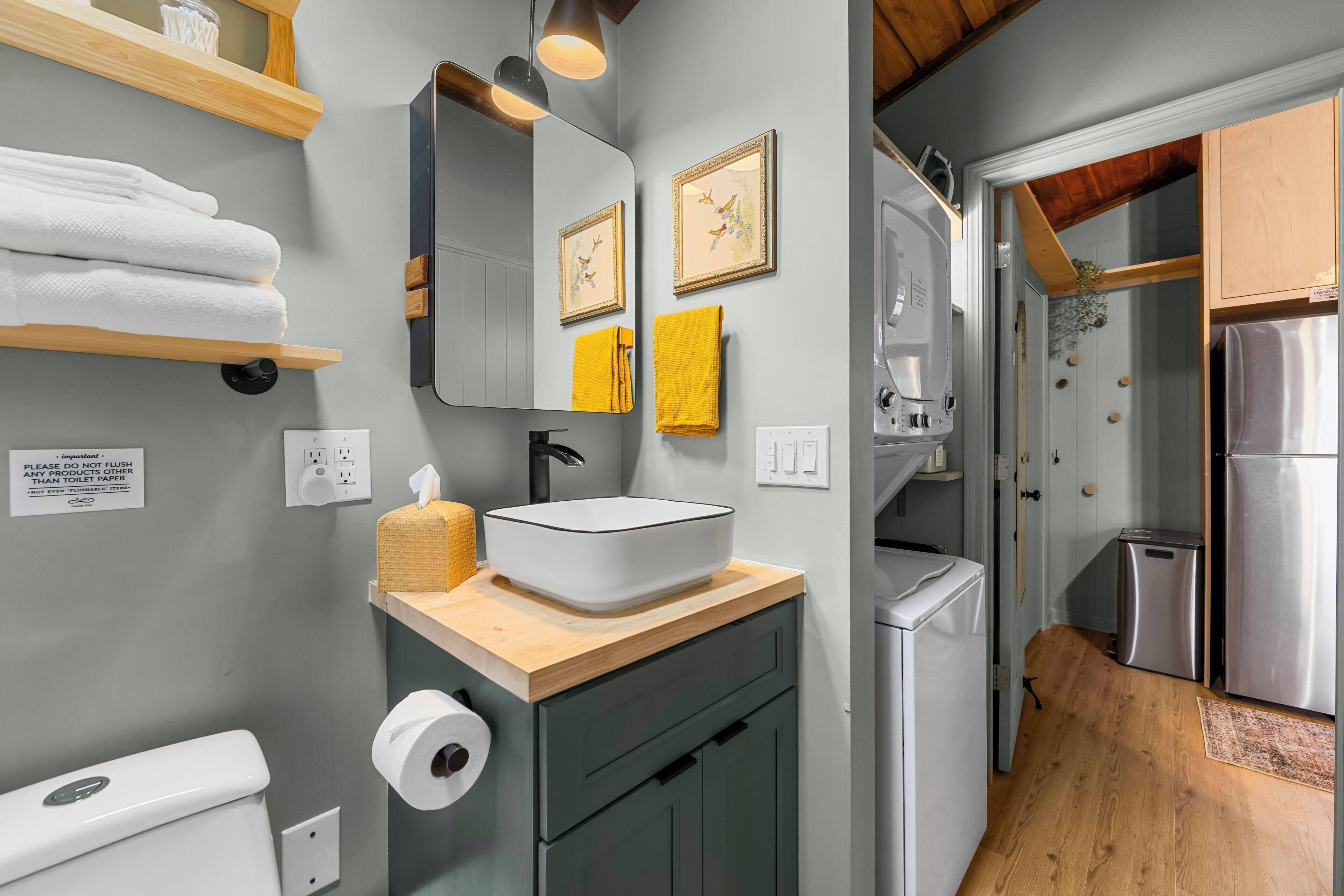 Hair dryer, towels, soap, shampoo