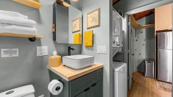 Hair dryer, towels, soap, shampoo