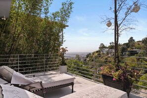A balcony with a lounge chair, a potted plant, and a view of the city.