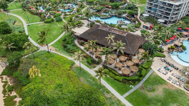 A resort with multiple swimming pools, palm trees, and a central building with a thatched roof. - SUMMER SALE! Remodeled Oceanfront 1BR Steps to Pool & Ocean - Kahana Reef 107 (Lahaina)