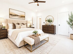 A bedroom with a bed, bedside tables, a bench, a ceiling fan, a mirror, and a door. - Luxurious New Construction 4-bedroom house in charming Decatur (Decatur)