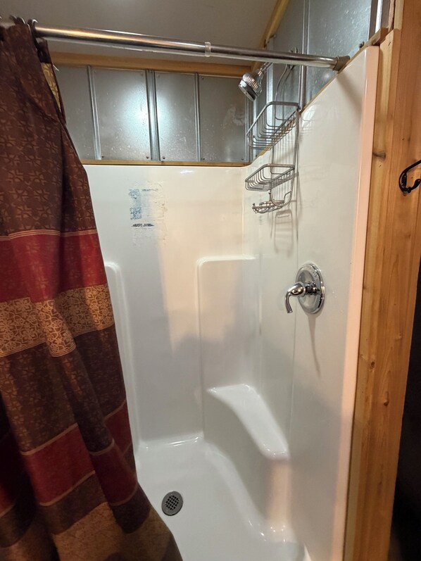 Shower, towels, soap, toilet paper