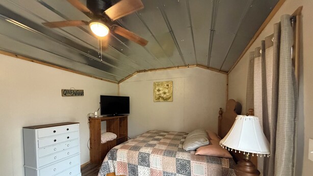 A bedroom with a bed, a dresser, a television, a ceiling fan, a lamp, and a painting on the wall.