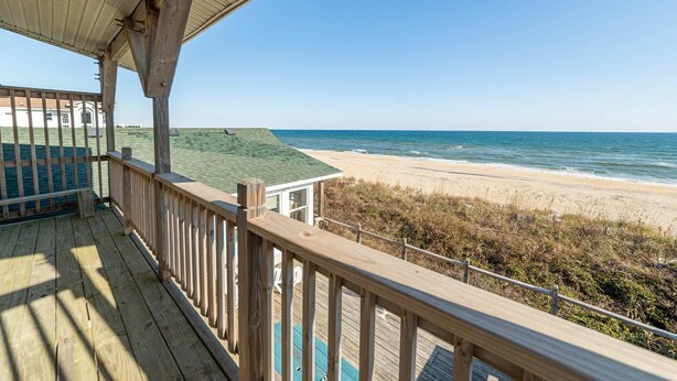 A wooden deck with a view of the beach and ocean. - York - Duck, Carolina Dunes, Oceanfront, Ocean View, Hot Tub, Large Decks, Pets OK (Duck)