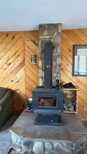 A stone fireplace with a black insert, a herringbone wooden wall, and a framed picture on the wall.