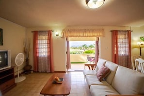 A living room with a sofa, a coffee table, a TV, and a fan. There is a view through a door to an outdoor area. - Nice 2-bedroom house with AC in delightful Saint Johns (Saint Johns)