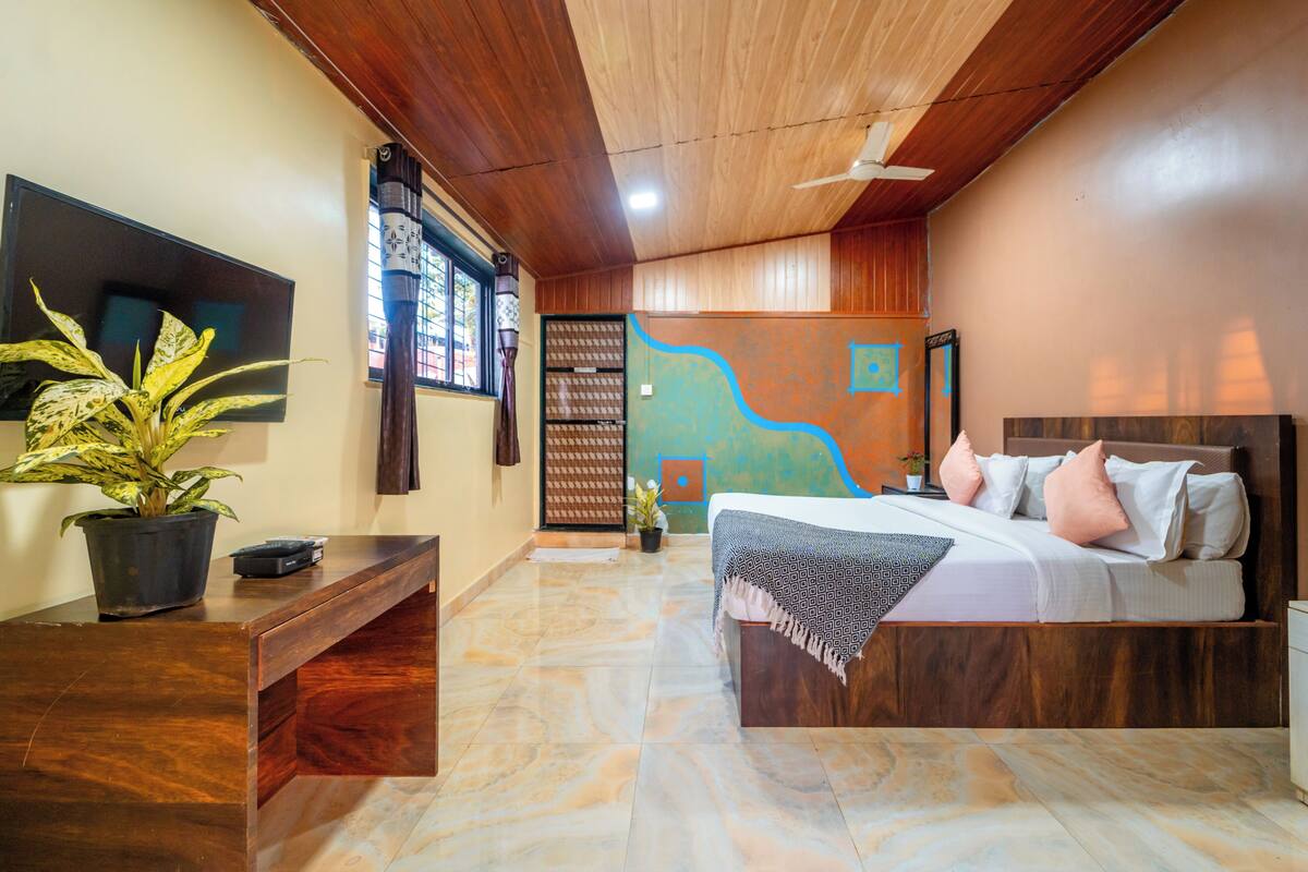 A bedroom with a bed, a desk, a potted plant, a TV, and a ceiling fan.
