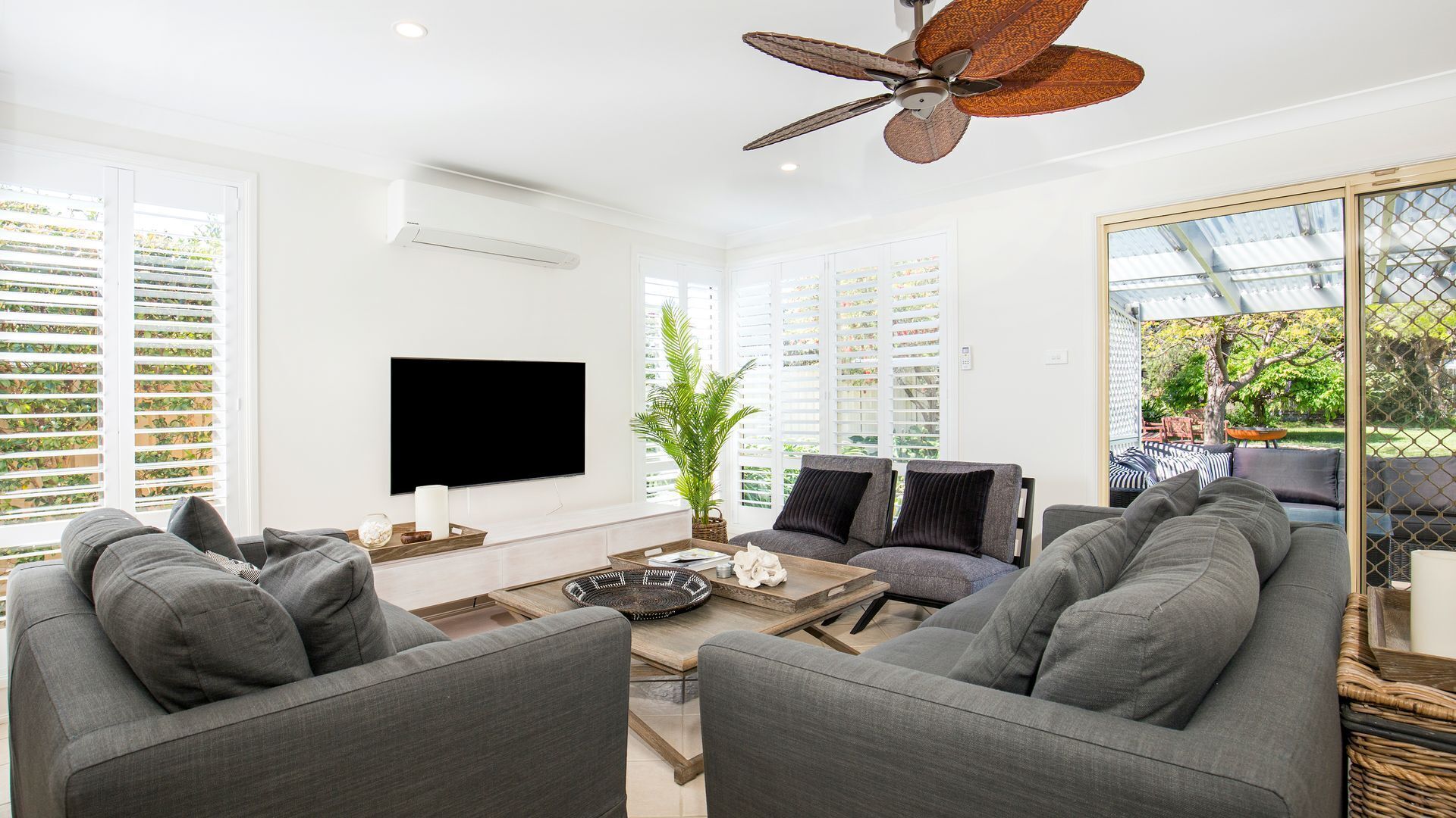 TV, fireplace, books, stereo