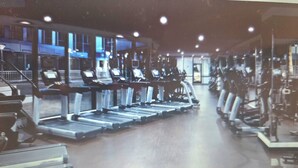 A gym with treadmills, stationary bikes, and weight machines.