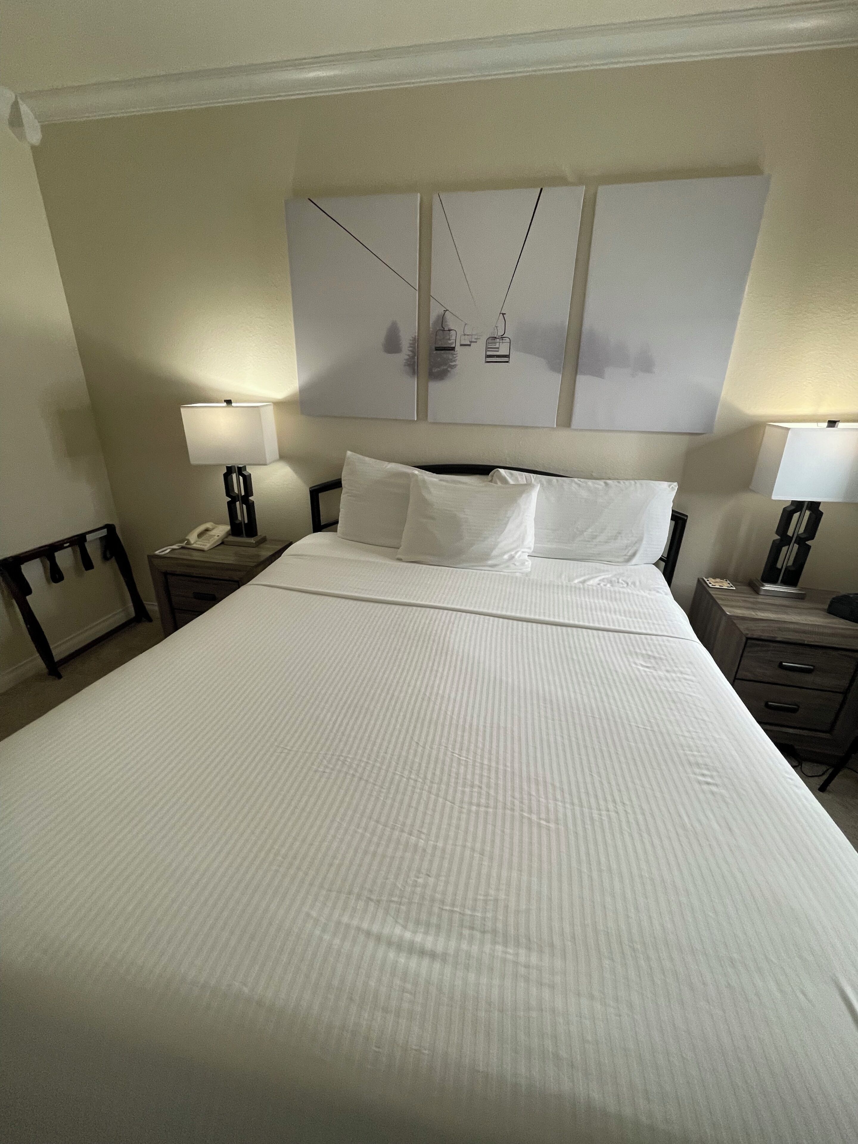 A hotel room with a large bed, two bedside tables with lamps, a telephone, and a wall-mounted artwork depicting a ski lift.
