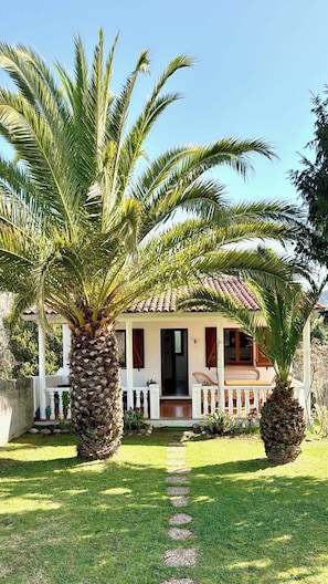 A house with a tiled roof, a porch with white railings, and two large palm trees in the foreground.