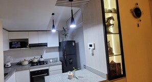 A modern kitchen with a black refrigerator, a stove, and a microwave. There is a small plant on the counter and a decorative horse on the wall. - Charming 2-bedroom apartment in peaceful San Isidro neighborhood (San Isidro)