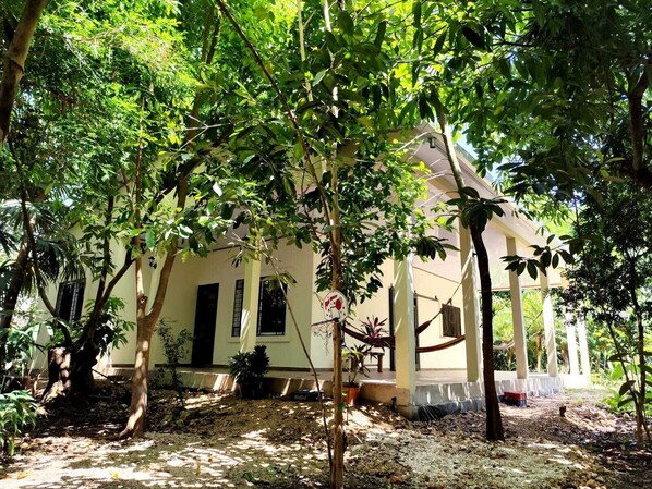 A building with a covered porch, surrounded by trees and greenery.