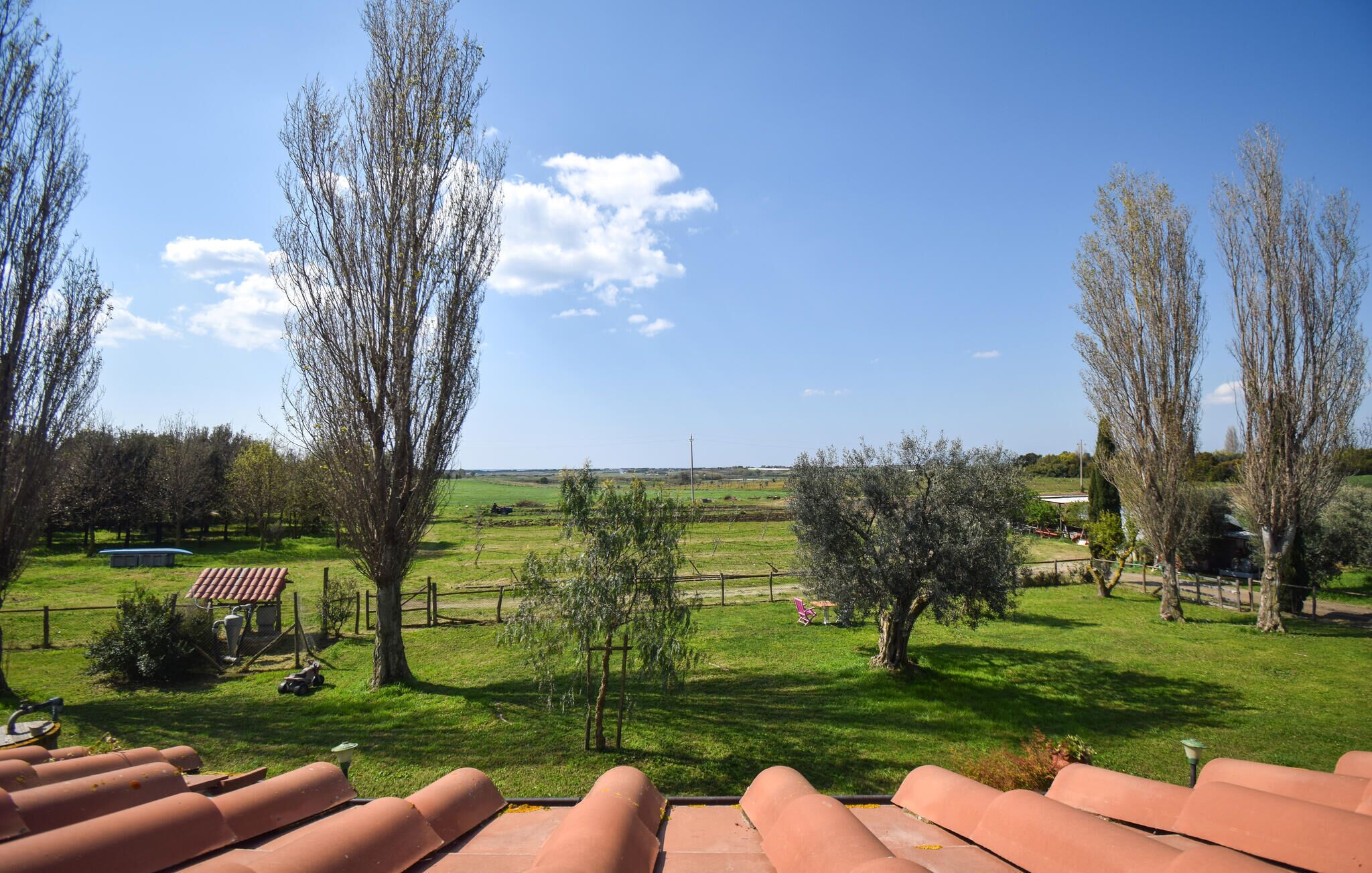 A terrace with terracotta roof tiles, a grassy landscape, and trees.