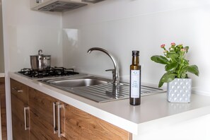 Une cuisine équipée d’un évier en acier inoxydable, d’une cuisinière à gaz, de meubles de rangement en bois et d’une plante en pot.