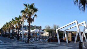 Un espacio al aire libre empedrado con palmeras, mesas y sillas exteriores, y un edificio moderno de fondo.