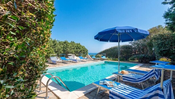 Una piscina con lettini e ombrelloni, immersa nel verde.