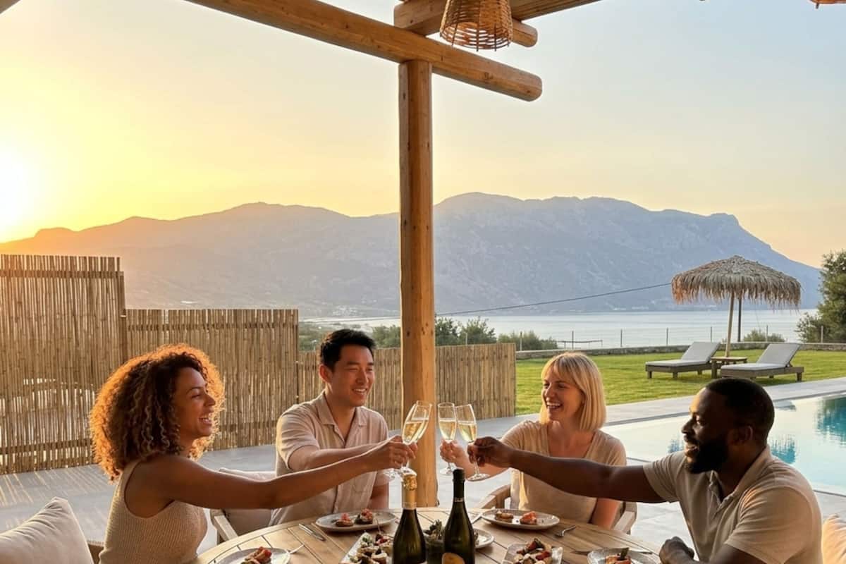 A round wooden table with plates of food and a bottle of wine, set outdoors with a view of mountains and a pool.