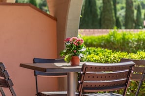 Ein Patio-Tisch mit einem Topfpflanzen, ein Stuhl und Blick auf einen angelegten Garten.