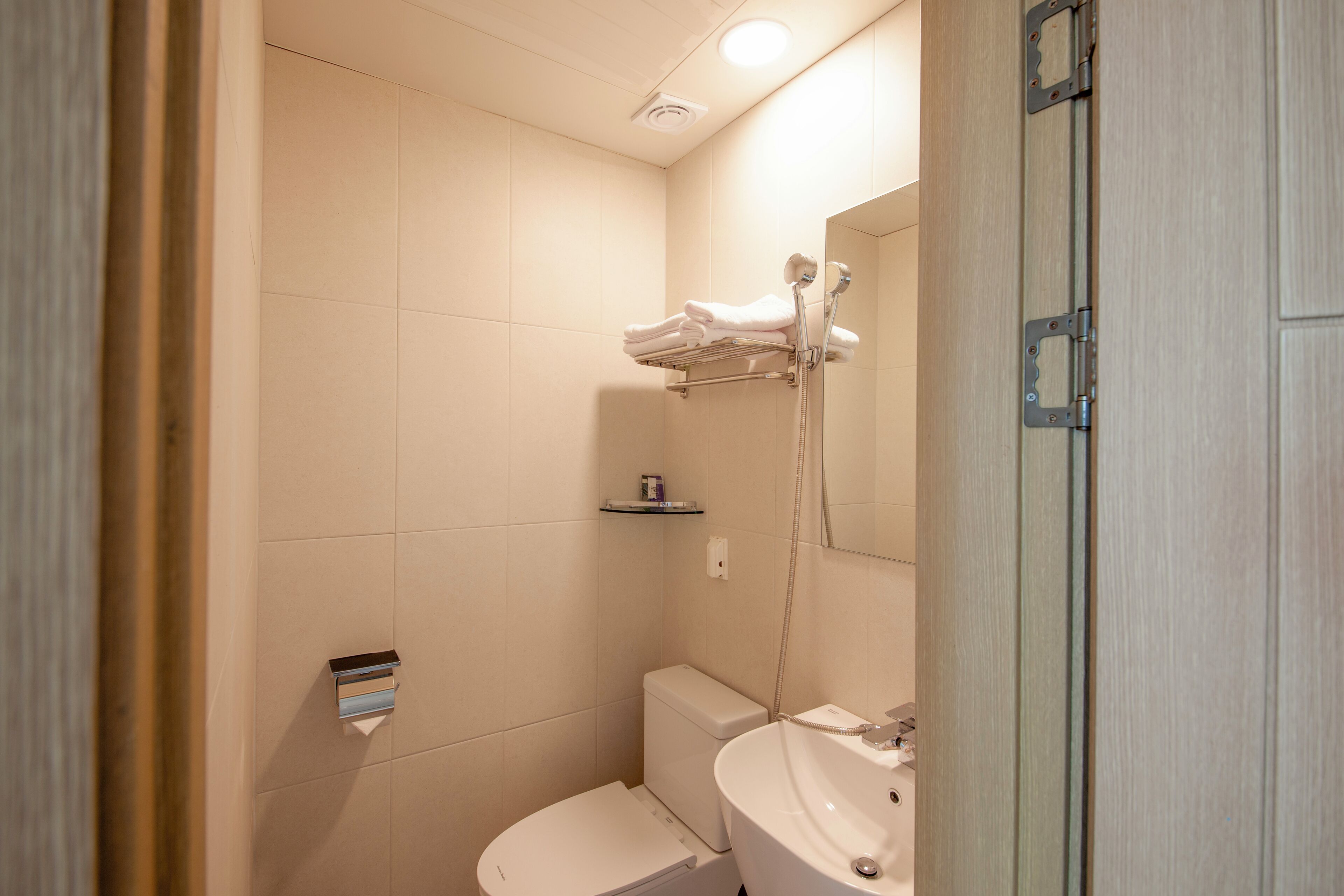 A bathroom with a toilet, sink, and shower.