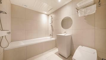 Separate tub and shower, hydromassage showerhead, free toiletries