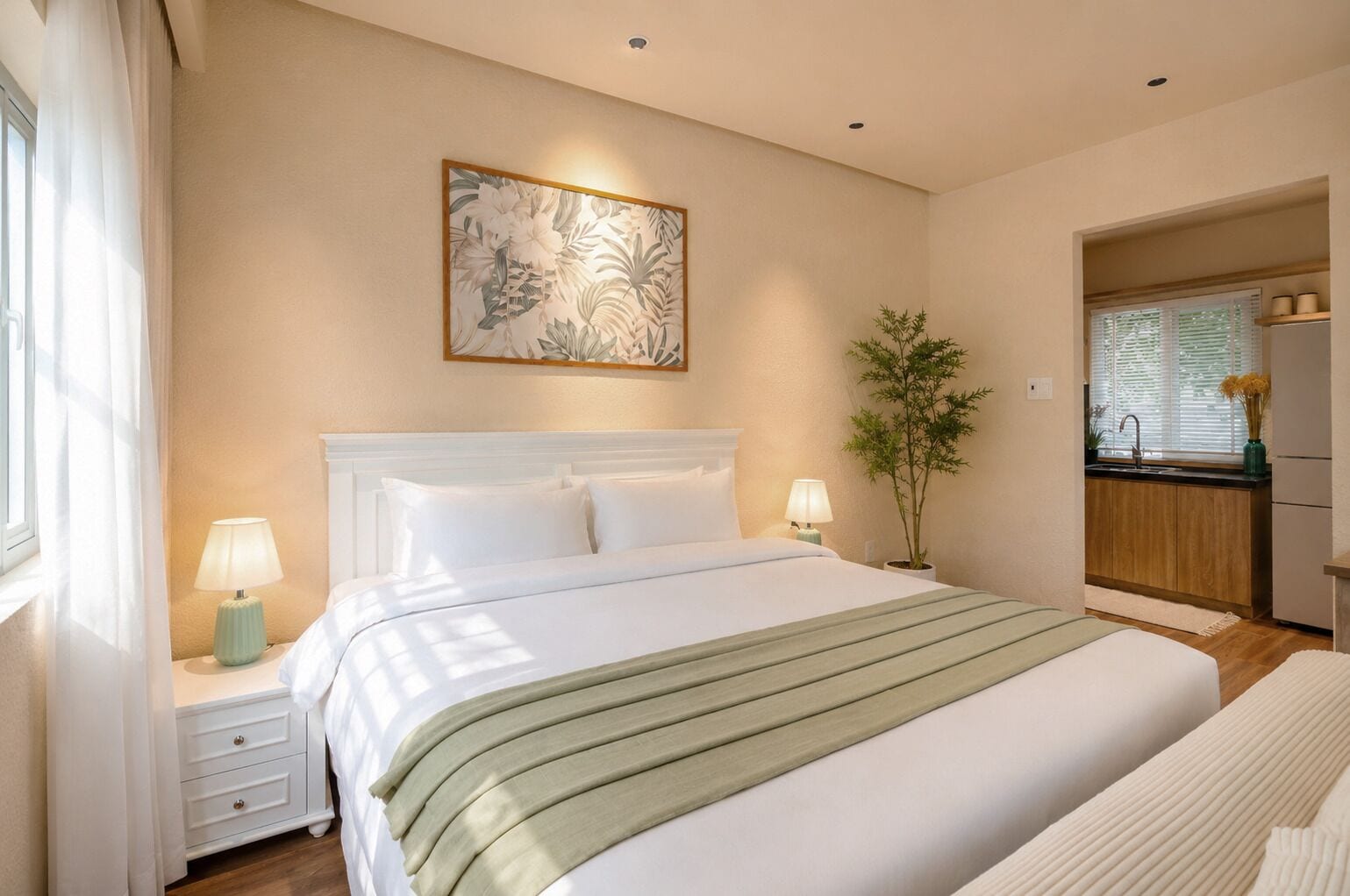 A hotel room with a bed, bedside lamps, a wall-mounted artwork, a potted plant, and a view of the kitchen.