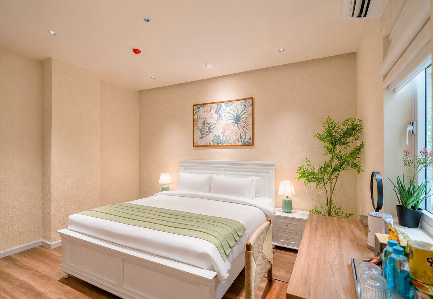 Una habitación de hotel con cama, mesitas de noche, escritorio, silla, planta en maceta y ventana.