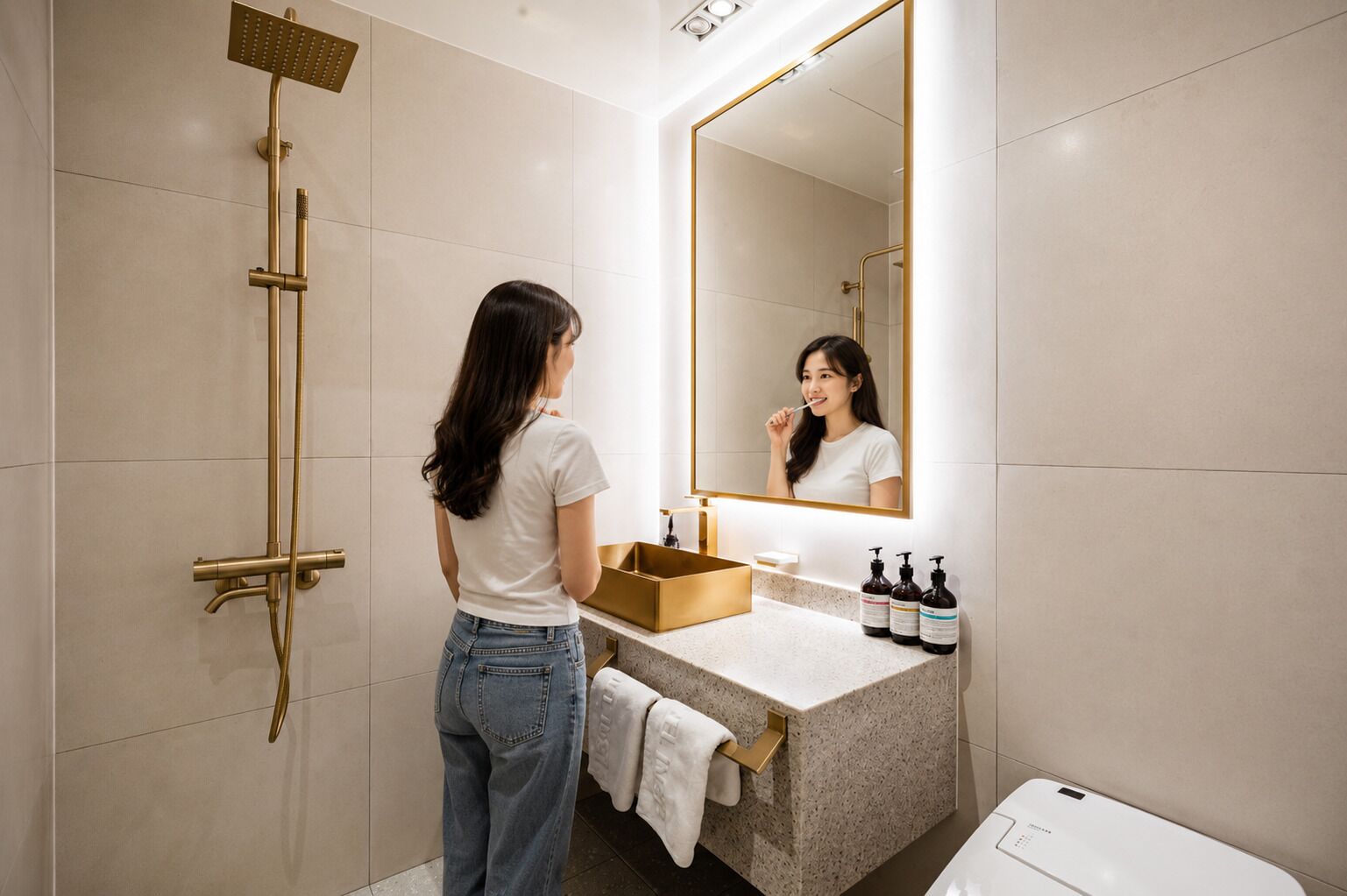 Designer toiletries, hair dryer, bathrobes, slippers