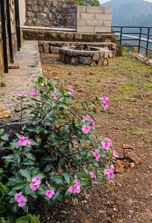Un espace jardin agrémenté d’un muret en pierre, d’un foyer extérieur et d’un chemin menant à un bâtiment.