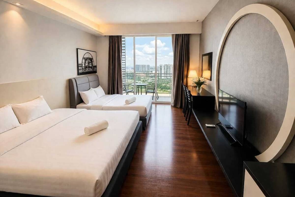 Ein Hotelzimmer mit zwei Betten, einem Fernseher, einem Schreibtisch und Blick auf die Stadt.