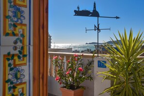 Ein Balkon mit Blumentopf, Wetterhahn und Blick auf das Meer.