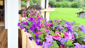 A wooden planter box filled with purple and pink flowers on a porch. - Apartment in Milders With Stubai Supercard (Neustift Im Stubaital)