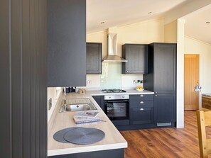 A modern kitchen with dark cabinetry, a gas stove, and a sink.