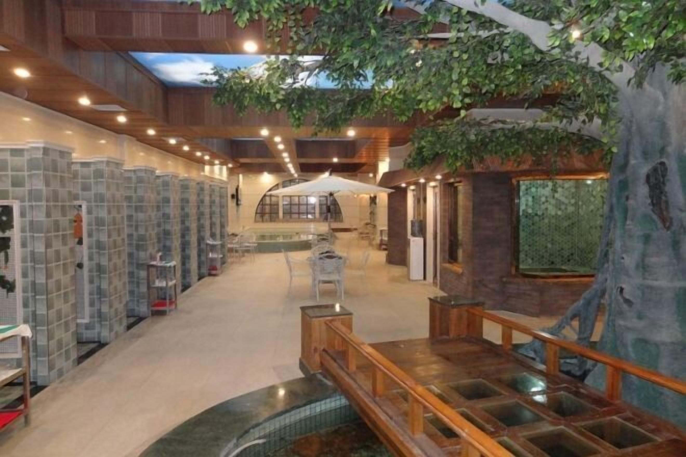 A spa area with a wooden ceiling, stone walls, and a central seating area with a view of a tree.