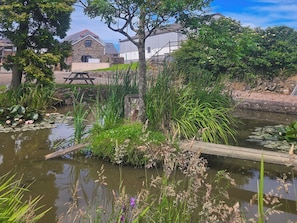 Un étang parsemé de nénuphars et d’autres plantes aquatiques, entouré d’arbres et bordé d’un bâtiment en pierre.