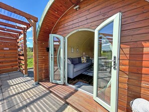 Terrace/patio - Countryside glamping pod with private hot tub, double bed and sofa bed. (Newton Stewart)