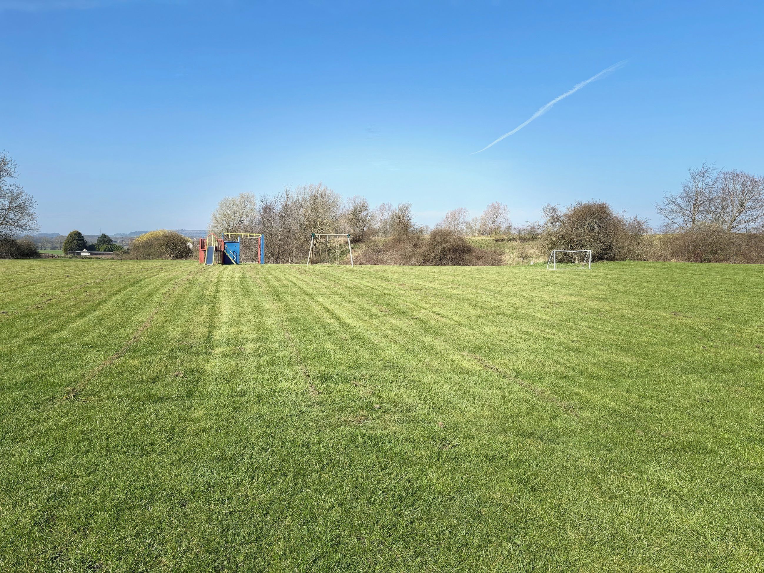 A grassy field with a playground and a goalpost.