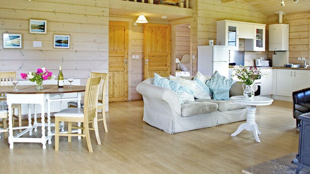 A wooden cabin interior with a dining area, sofa, kitchen, and a small table with a vase of flowers. - Curlew Lodge - UK51677 (Dumfries and Galloway)