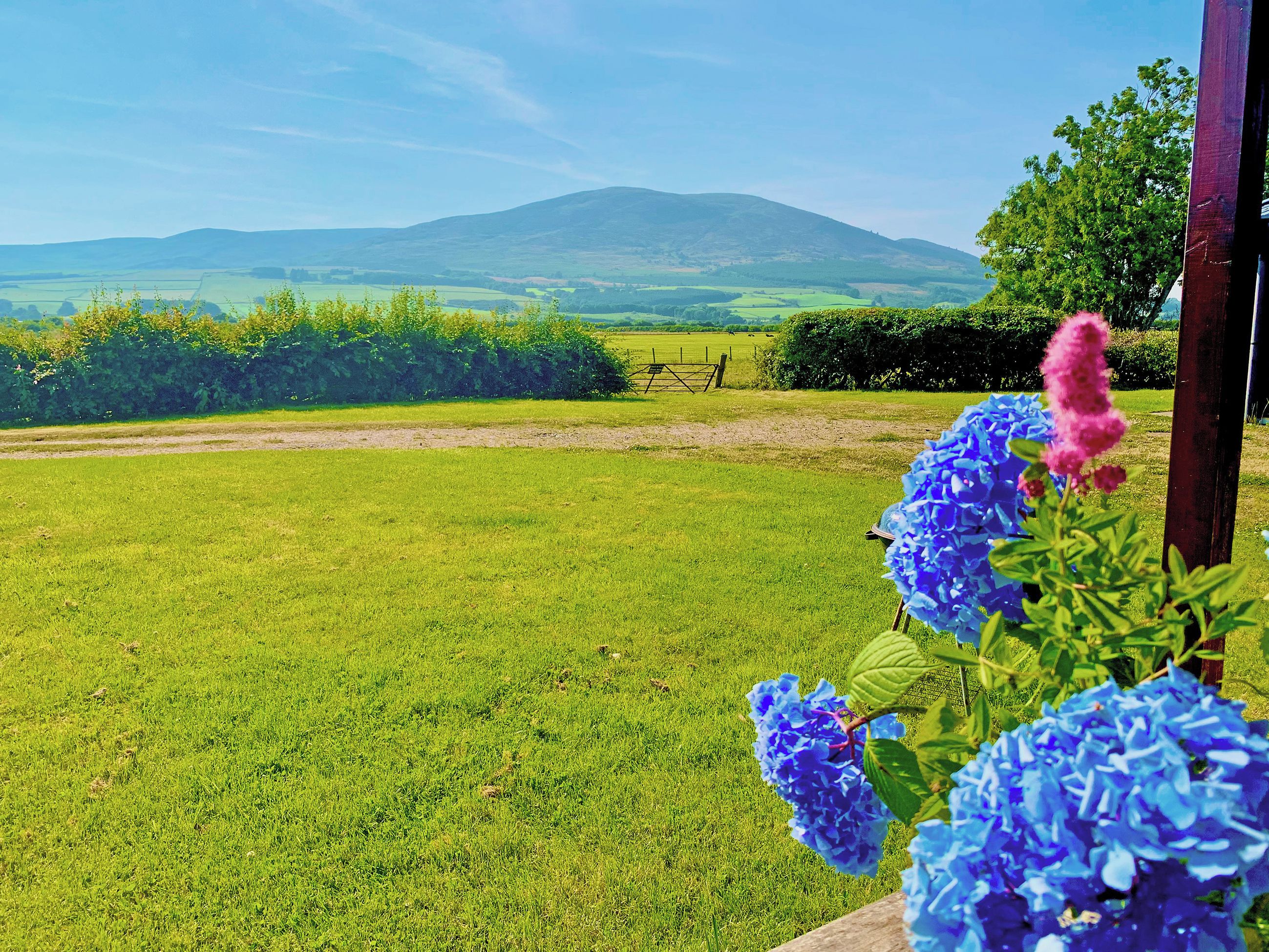 A grassy field with a wooden fence and a view of distant hills.