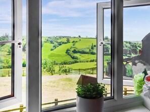 Una ventana con vistas a campos verdes y una casita.